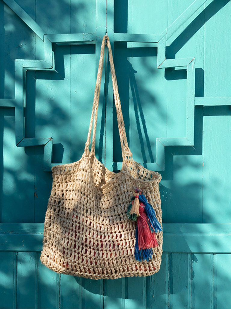 Natural Crochet Tote Bag with Colorful Tassel Charm