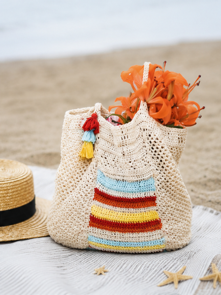 Crochet Tote Bag with Colorful Stripes