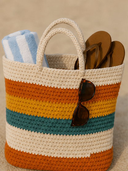 coastal Stripe Crochet Tote Bag – Boho Beach & Market Bag