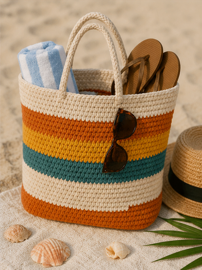 coastal Stripe Crochet Tote Bag – Boho Beach & Market Bag