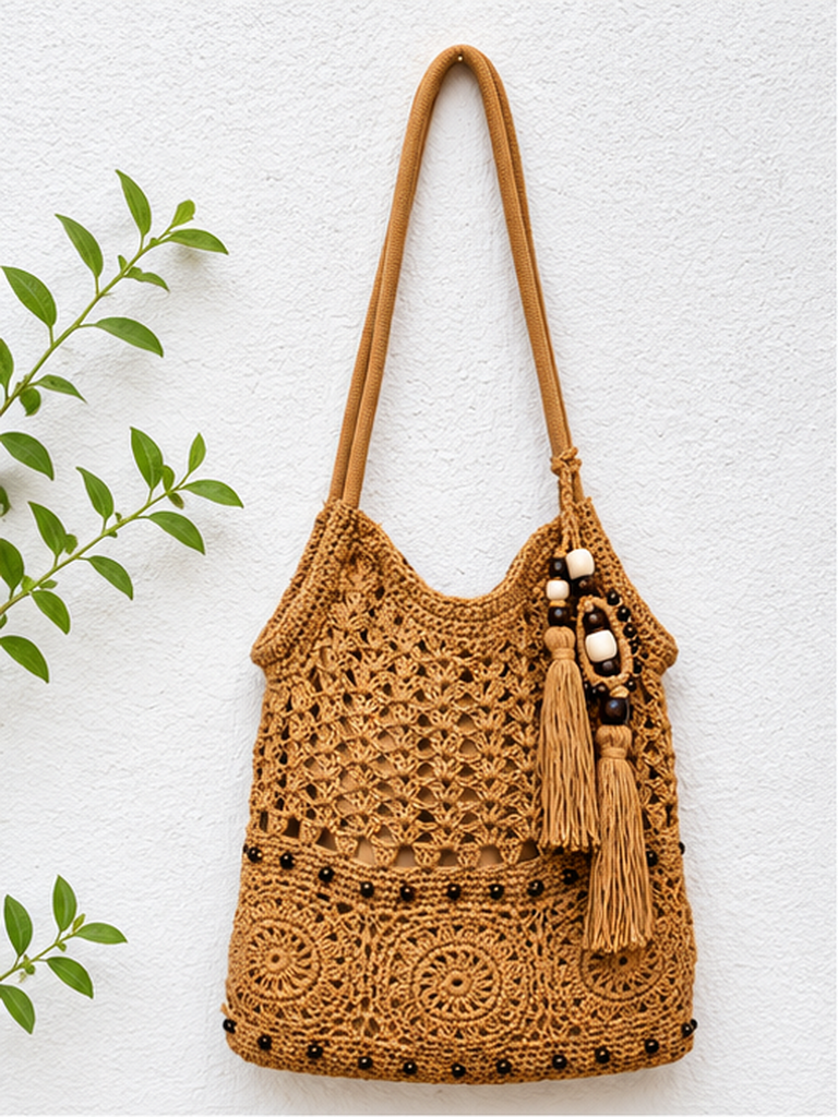 Boho Crochet Shoulder Bag with Tassel & Wooden Bead Details
