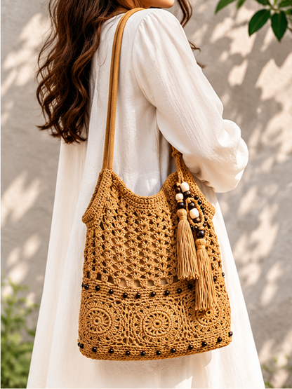 Boho Crochet Shoulder Bag with Tassel & Wooden Bead Details