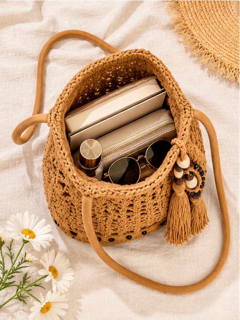Boho Crochet Shoulder Bag with Tassel & Wooden Bead Details