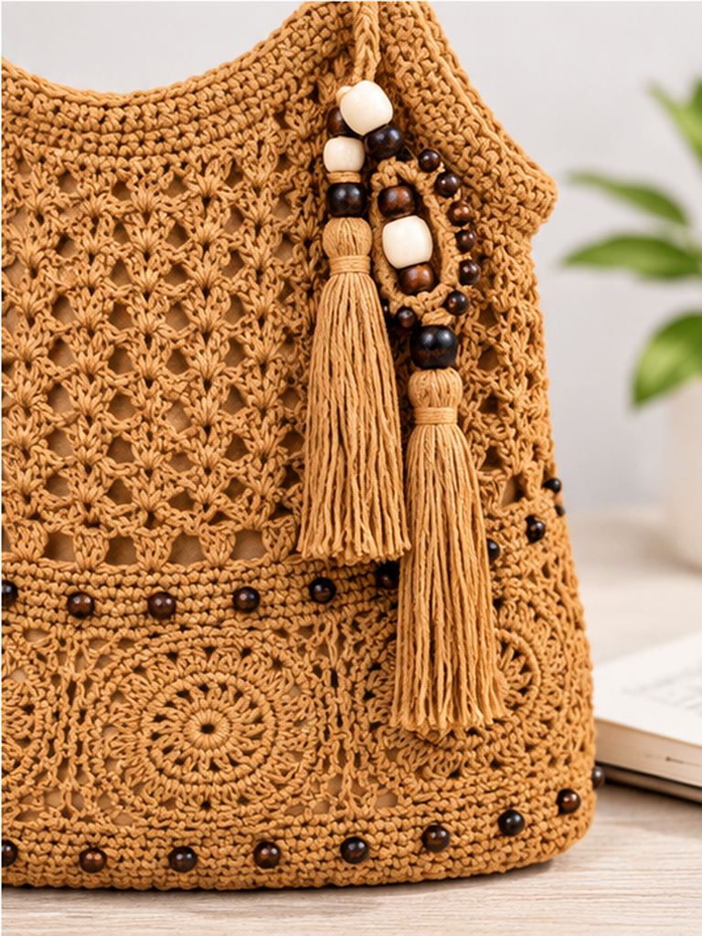 Boho Crochet Shoulder Bag with Tassel & Wooden Bead Details