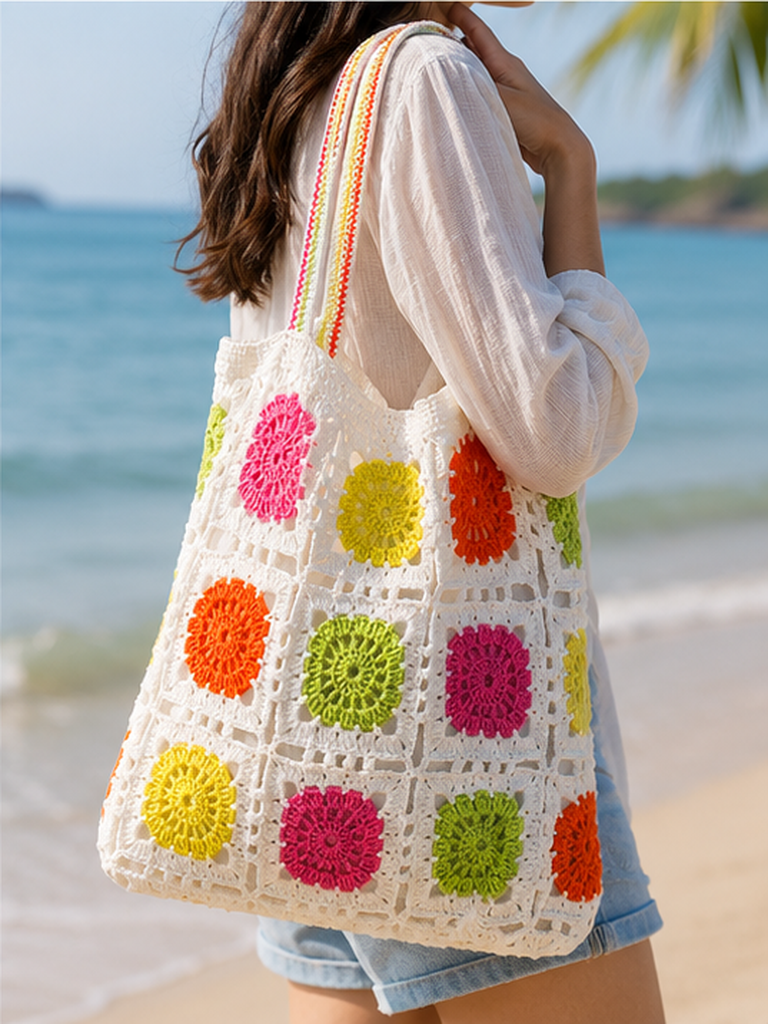 square Crochet Tote Bag – Boho Beach Shoulder Bag