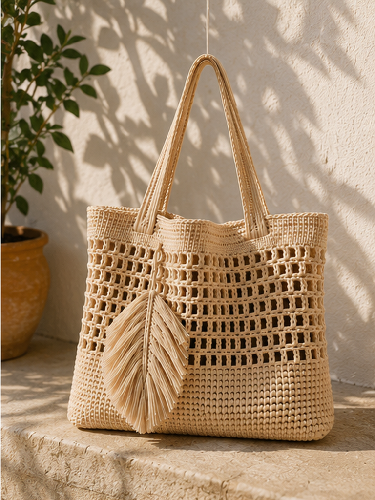Crochet Tote Bag with Fringe Leaf Charm