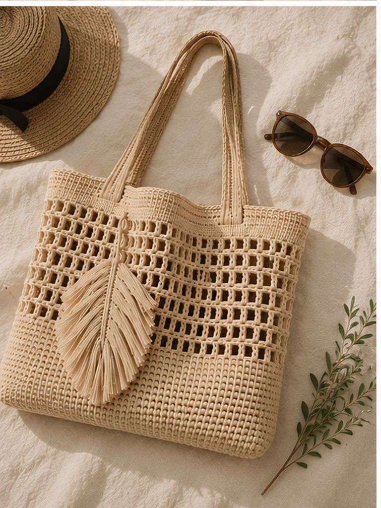 Crochet Tote Bag with Fringe Leaf Charm