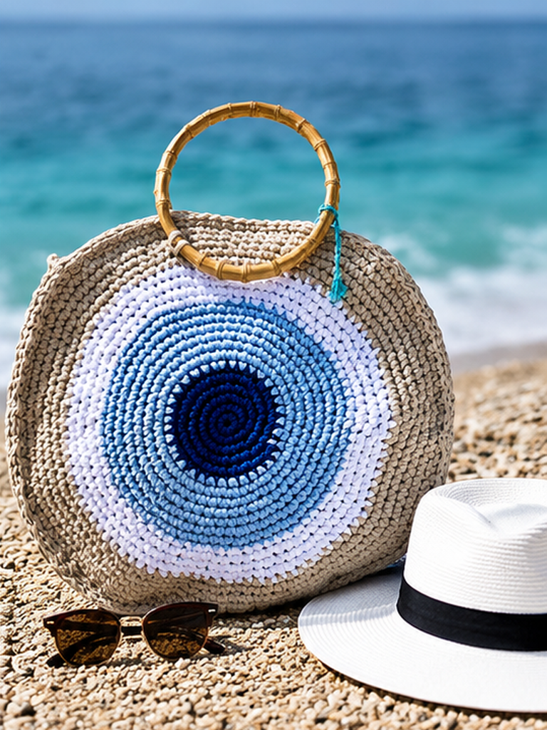 Coastal Crochet Beach Tote Bag with Bamboo Handles