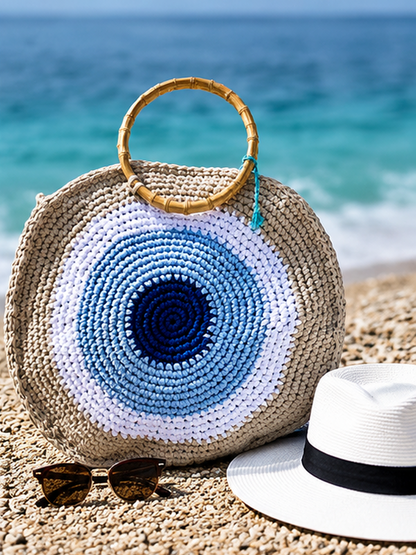 Coastal Crochet Beach Tote Bag with Bamboo Handles