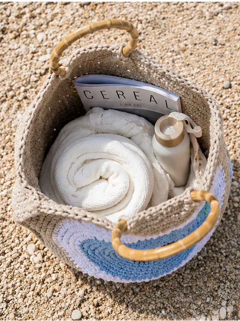 Coastal Crochet Beach Tote Bag with Bamboo Handles