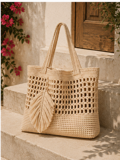 Crochet Tote Bag with Fringe Leaf Charm
