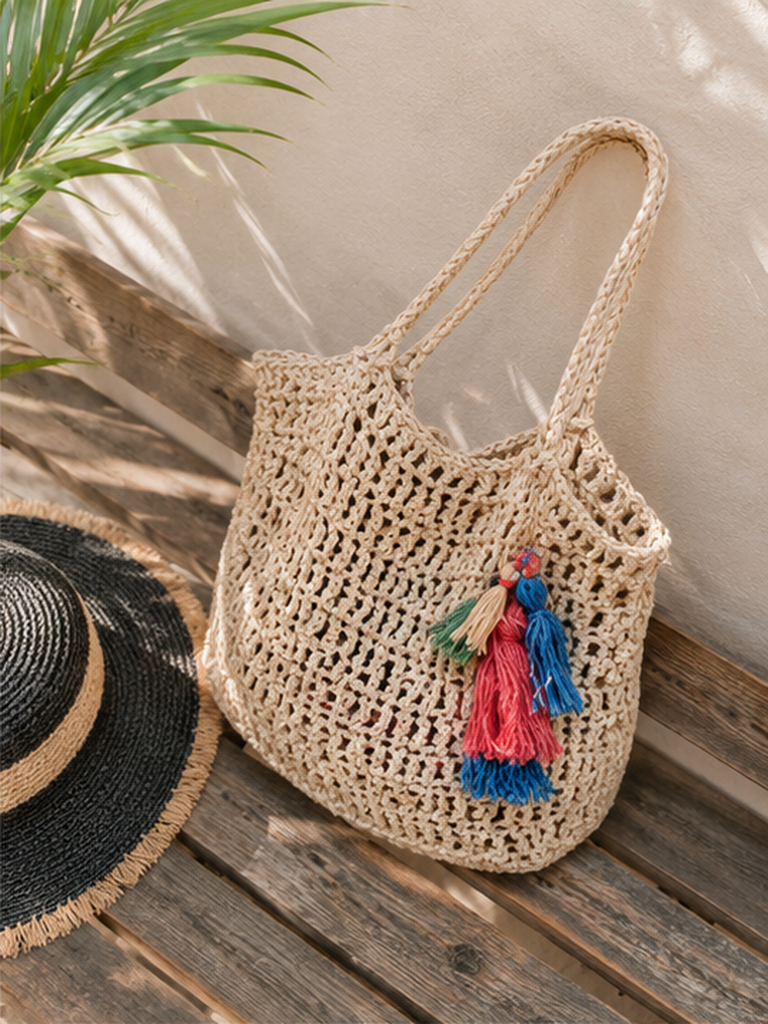 Natural Crochet Tote Bag with Colorful Tassel Charm