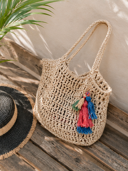 Natural Crochet Tote Bag with Colorful Tassel Charm
