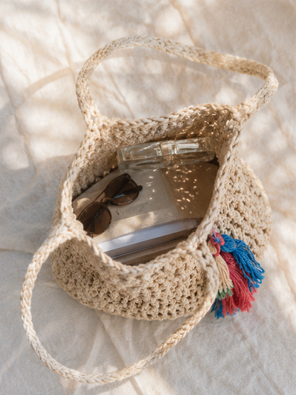 Natural Crochet Tote Bag with Colorful Tassel Charm