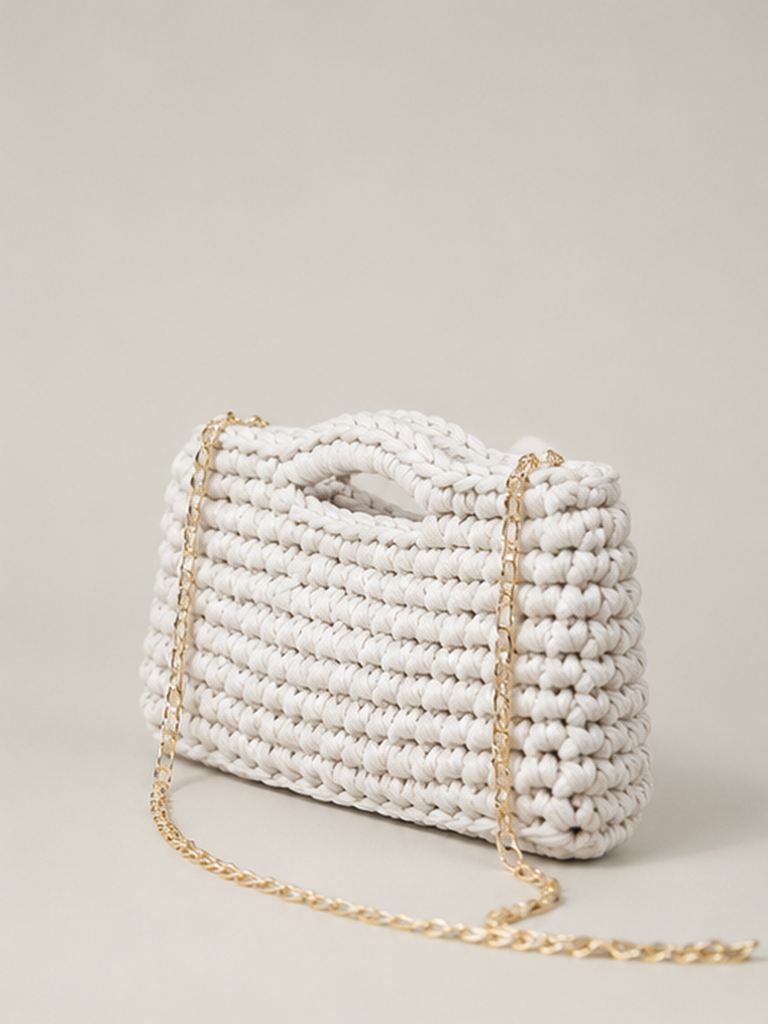 Crochet Clutch Bag with Gold Chain Strap – Elegant Minimalist Crossbody Purse