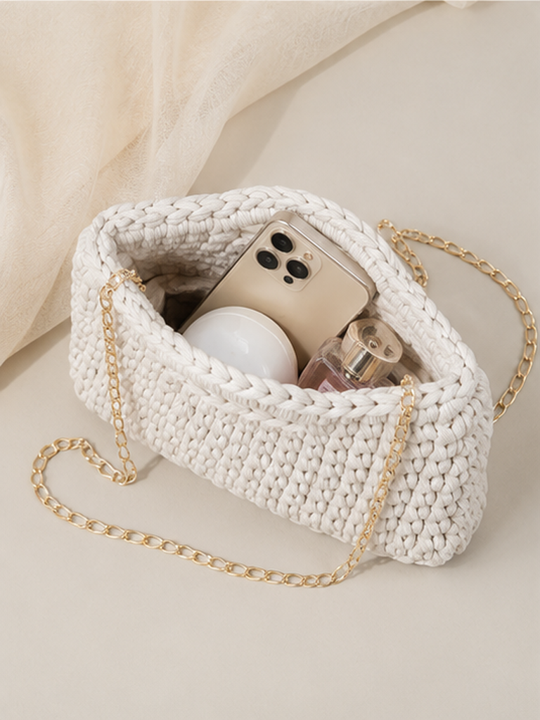 Crochet Clutch Bag with Gold Chain Strap – Elegant Minimalist Crossbody Purse