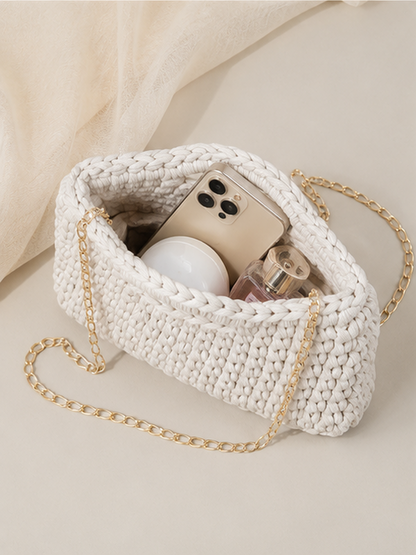 Crochet Clutch Bag with Gold Chain Strap – Elegant Minimalist Crossbody Purse